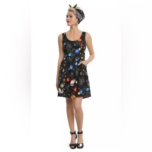 Retrolicious Black Cosmic Galaxy Print Fit & Flare Cotton Dress w/ Pockets XL N